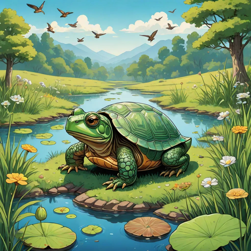 a painting of a turtle sitting on a rock in a pond of water surrounded by lily pads and birds, fantasy art, a storybook illustration, Chris LaBrooy, magic the gathering artwork