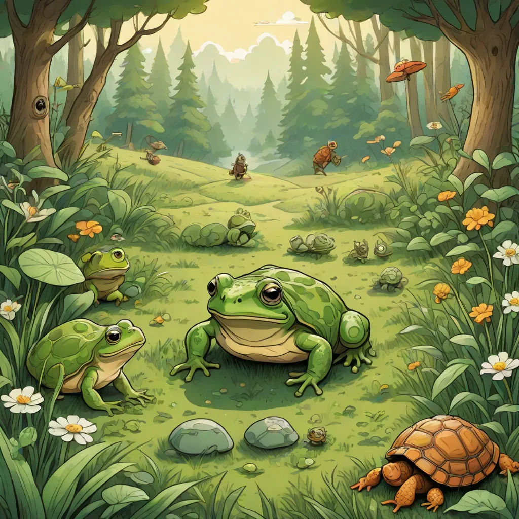 a frog and a frog are sitting in the grass near a forest with flowers and trees and a few other animals, fantasy art, a storybook illustration, Chris LaBrooy, game art