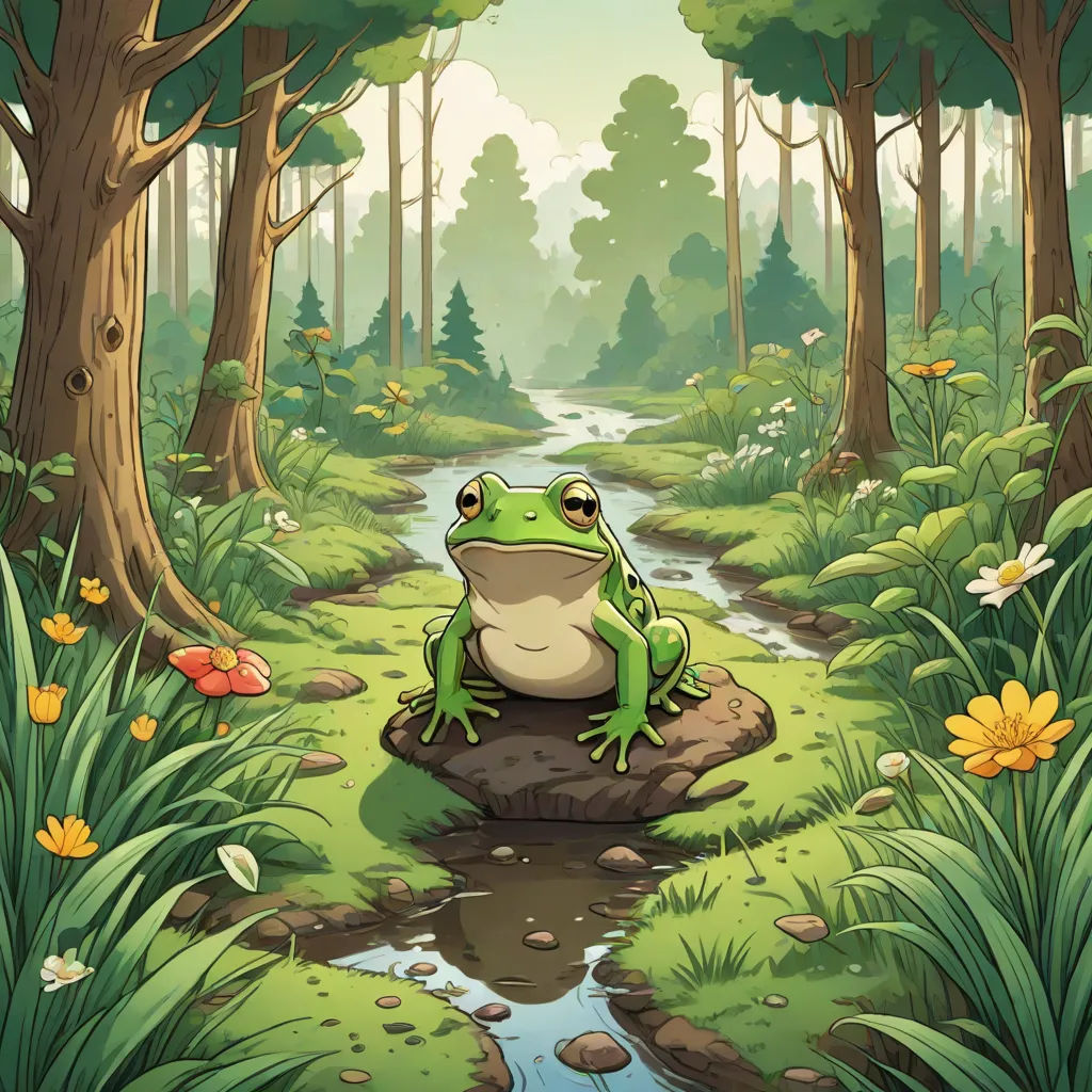 a frog sitting on a rock in a forest with a stream running through it and flowers around it,, fantasy art, a storybook illustration, Andries Stock, storybook illustration
