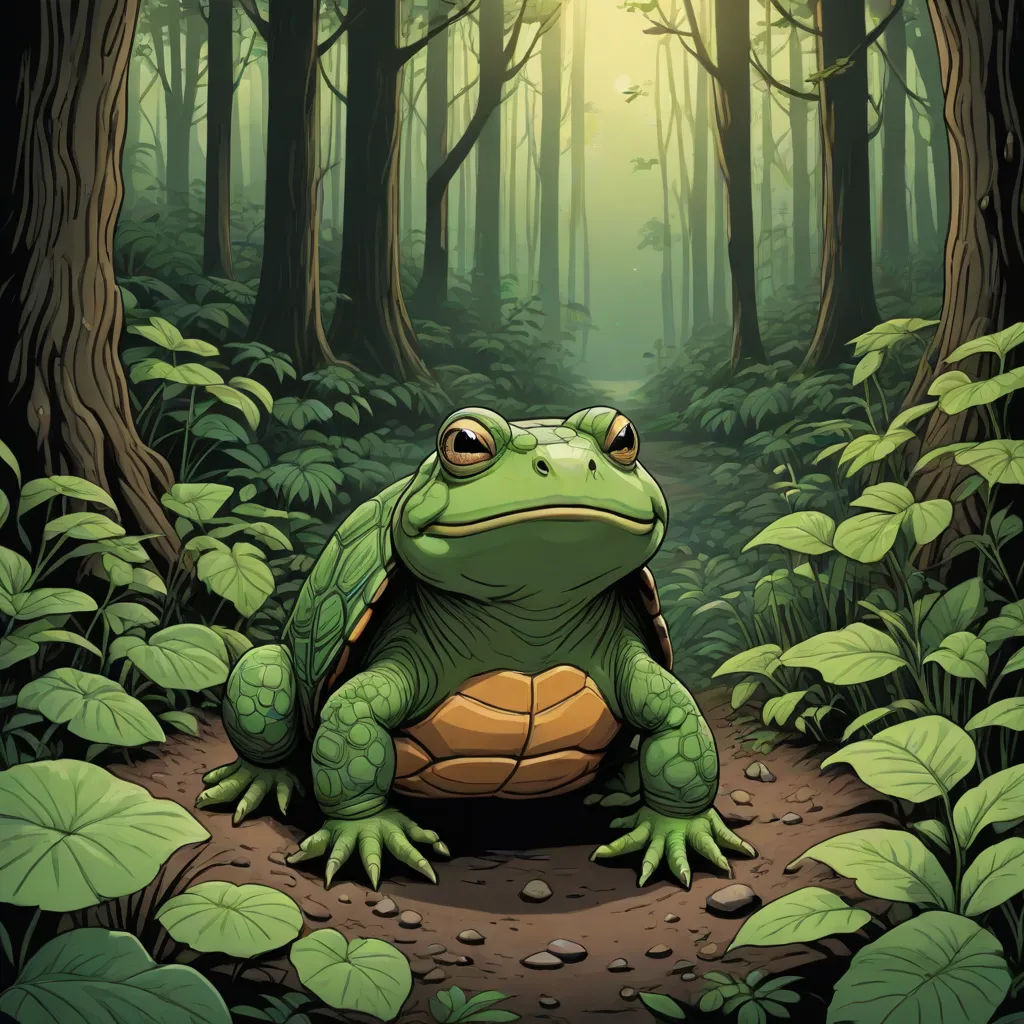 a frog sitting on a dirt path in a forest with green leaves and a light shining through the trees, fantasy art, a storybook illustration, Chris LaBrooy, magic the gathering artwork