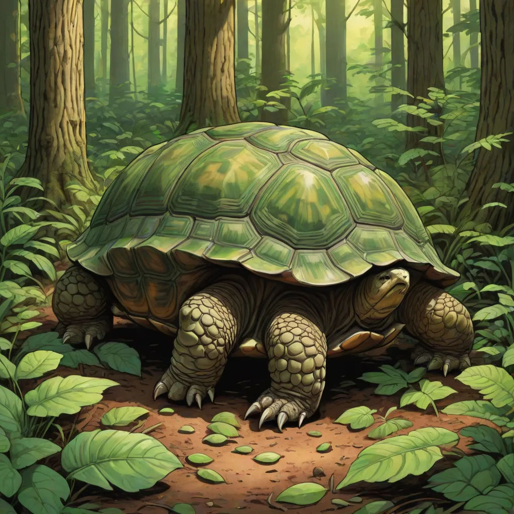 a painting of a turtle in the middle of a forest with green leaves on the ground and trees in the background, fantasy art, an illustration of, Dan Mumford, golden ratio illustration