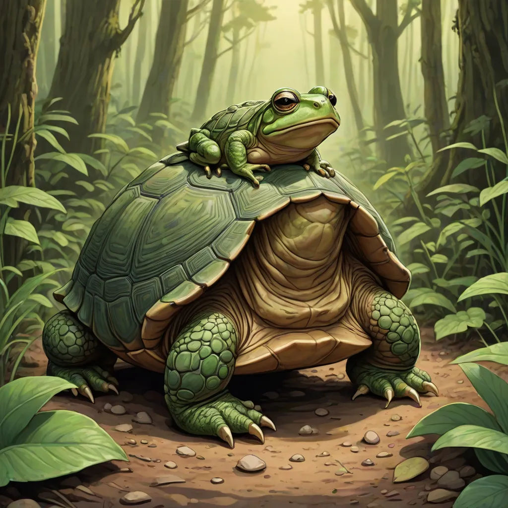 a large turtle sitting on top of a dirt road in a forest filled with green plants and trees with a frog sitting on top of it, fantasy art, a storybook illustration, Alex Horley, magic the gathering artwork
