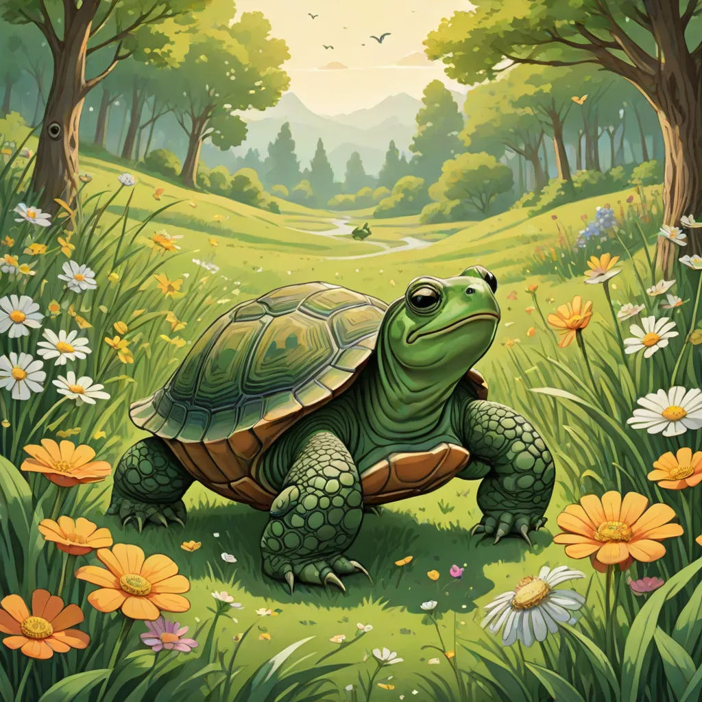 a painting of a turtle in a field of flowers and trees with a path leading to the top of the turtle, fantasy art, a storybook illustration, Chris LaBrooy, official art