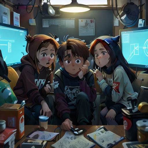 three children sitting on a couch in front of computer monitors and a tablet computer in a room with a lot of clutter