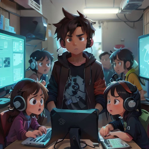 a group of children sitting at a table with laptops and headphones on, and a man standing in front of them