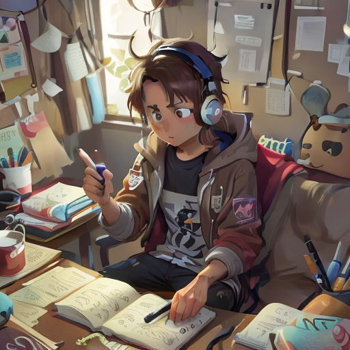 a boy with headphones sitting at a desk with a book and pen in his hand and a book open to his left