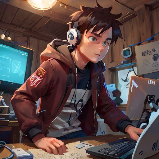 a man wearing headphones and using a computer in a room with a lot of electronics on the desk