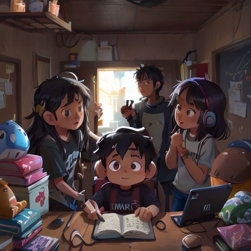 a group of children standing around a table with a book and headphones on it, and a laptop