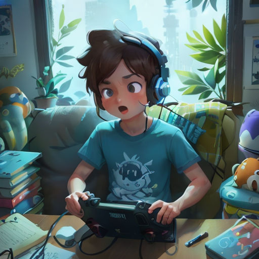 a boy with headphones on playing a video game on a laptop computer in a living room with a bunch of toys