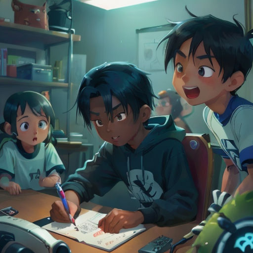 a group of children sitting at a table with a notebook and pen in front of them, and a robot in the background