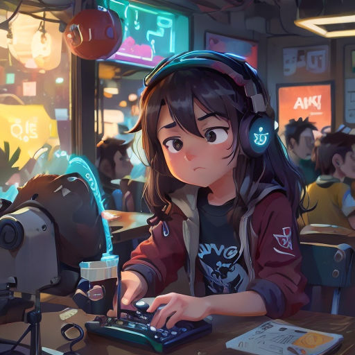 a girl wearing headphones and using a keyboard in a restaurant with a camera and a microphone in front of her