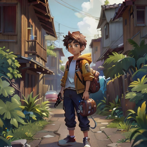 a boy with a backpack and a backpack walking down a street in a cartoon style scene with a dog