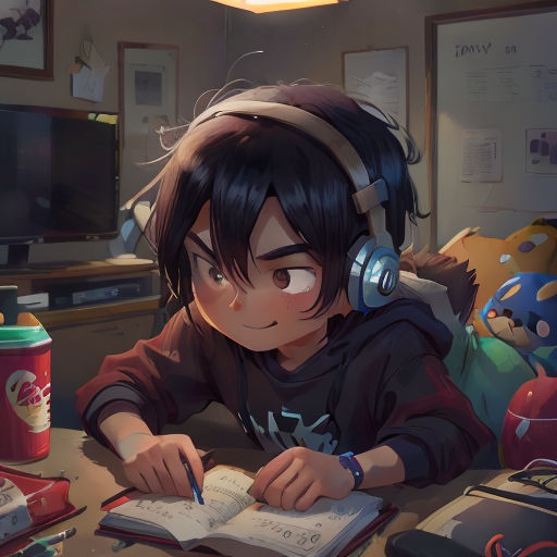 a girl with headphones is writing in a book and listening to headphones on her headphones are on