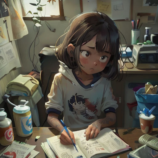 a girl sitting at a desk with a book and a pen in her hand and a cup of coffee in front of her