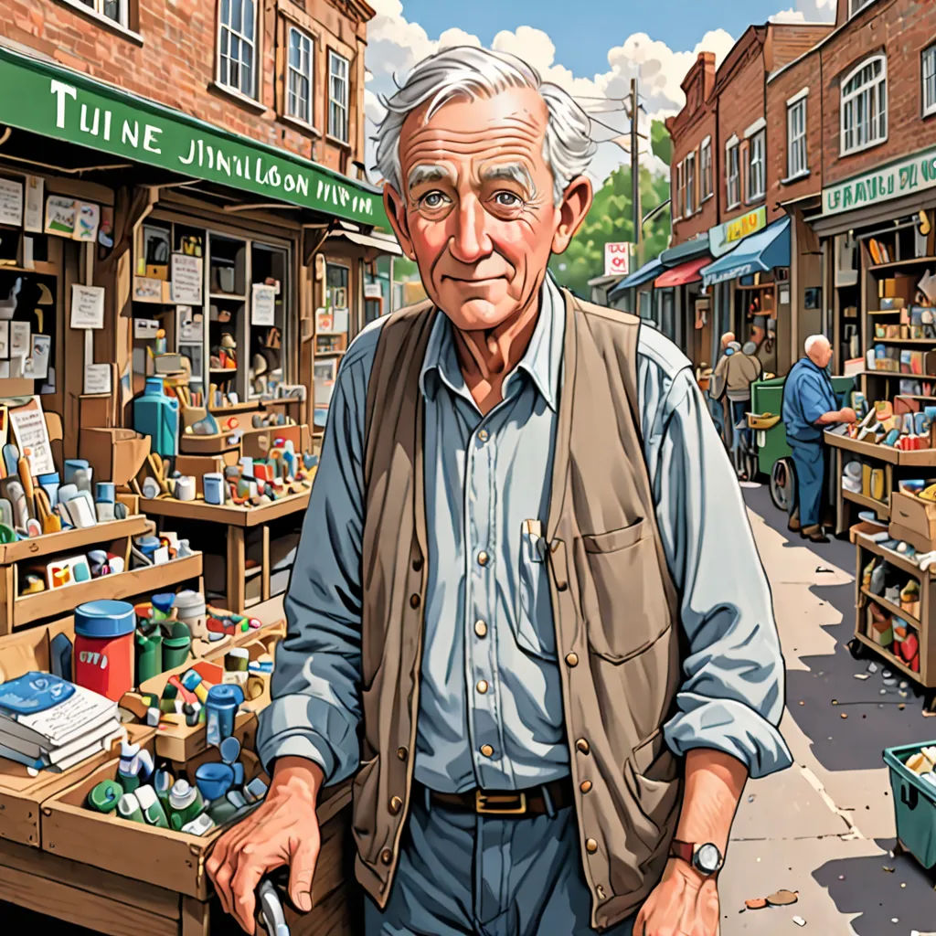 a man standing in front of a store with a bag of stuff on the ground next to him and a building with a green sign, american realism, an illustration of, Colin Middleton, digital illustration