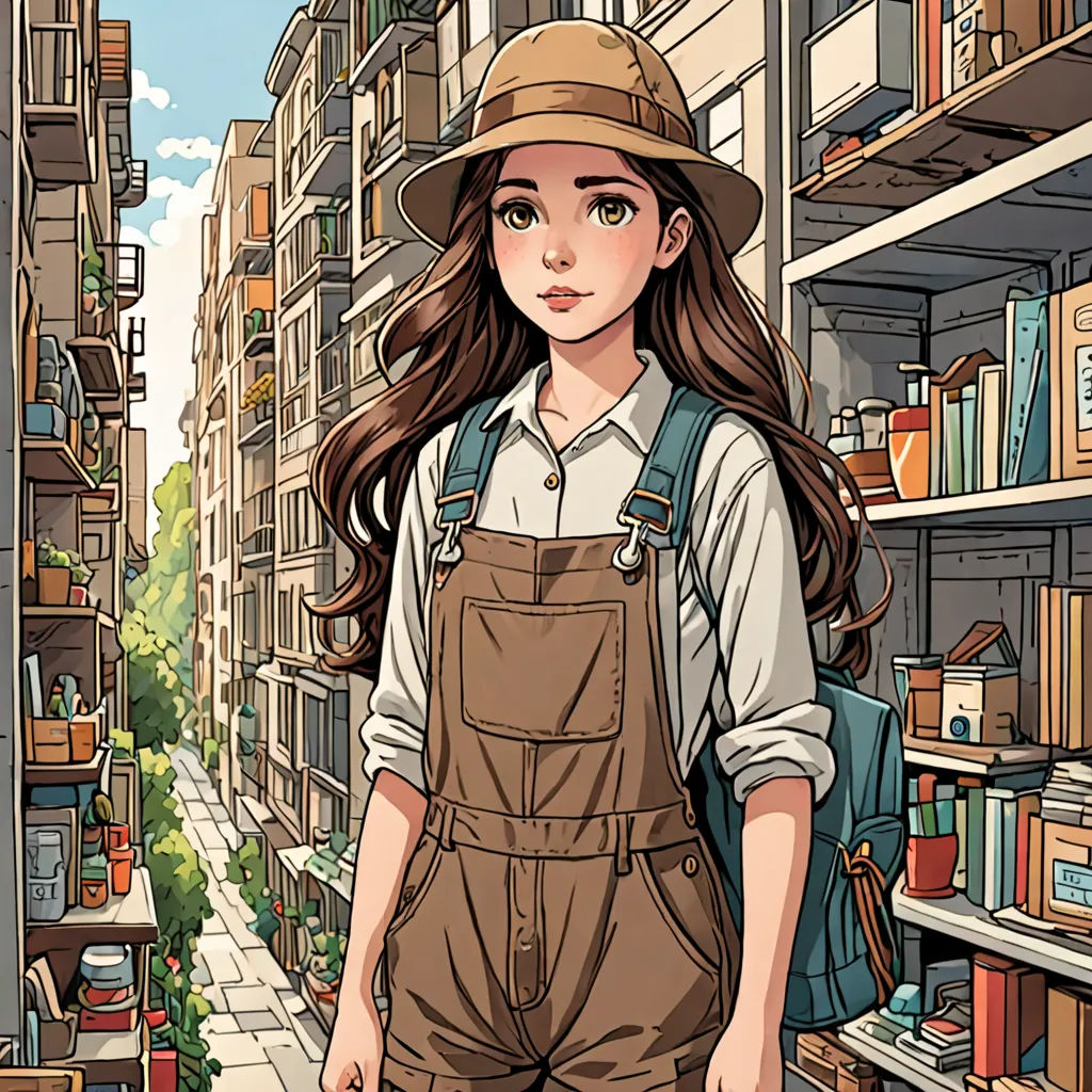a girl in overalls and a hat is standing in a book store with a backpack on her back, context art, a character portrait, Asaf Hanuka, comic cover art
