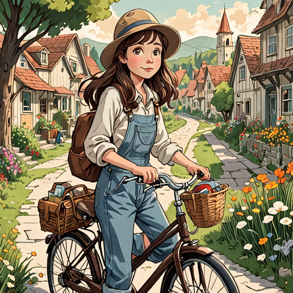 a woman riding a bike down a street next to a forest filled with flowers and houses with a basket, magical realism, a storybook illustration, Cliff Childs, ghibli