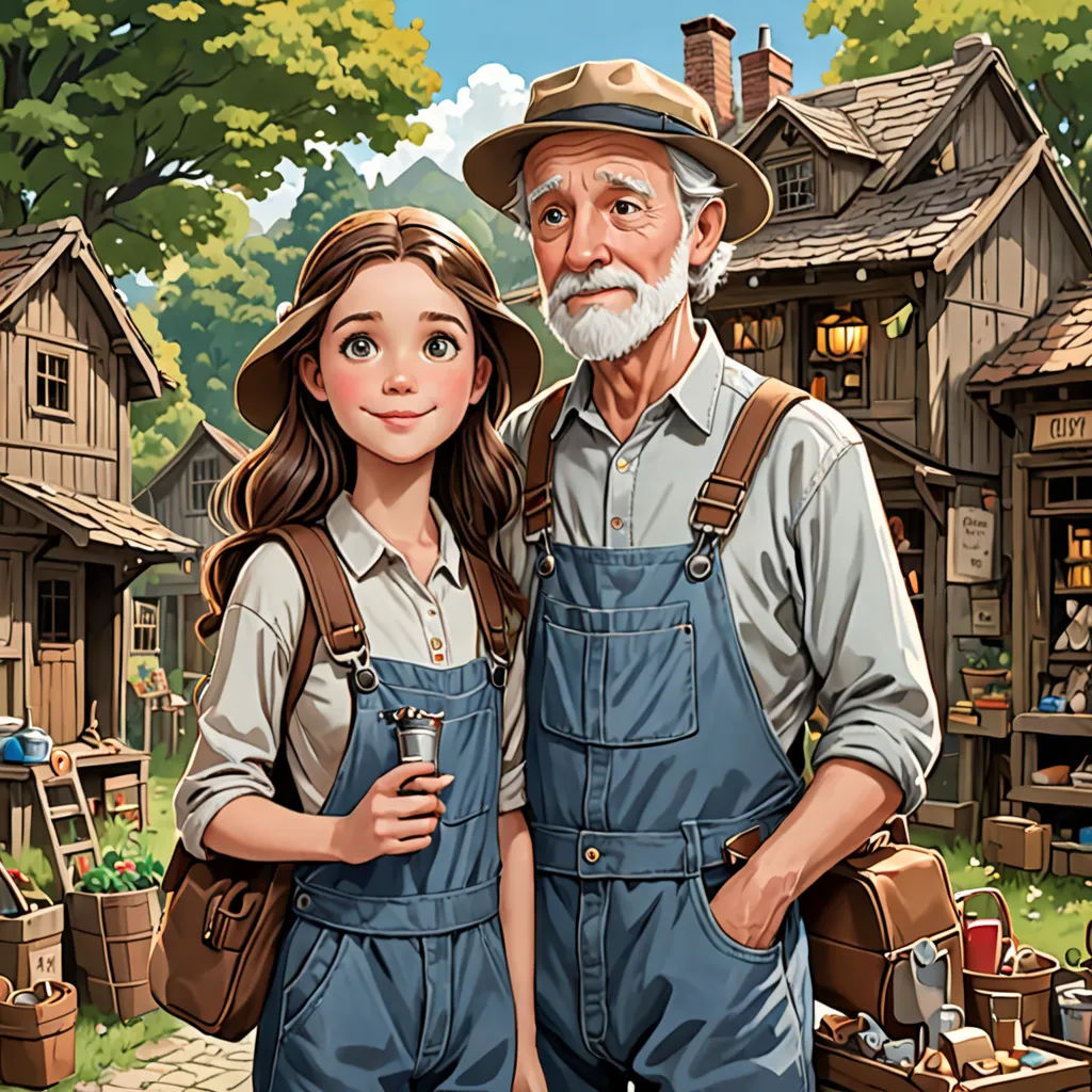 a man and a woman standing next to each other in front of a village with a lot of houses, american scene painting, a storybook illustration, Bob Byerley, storybook illustration