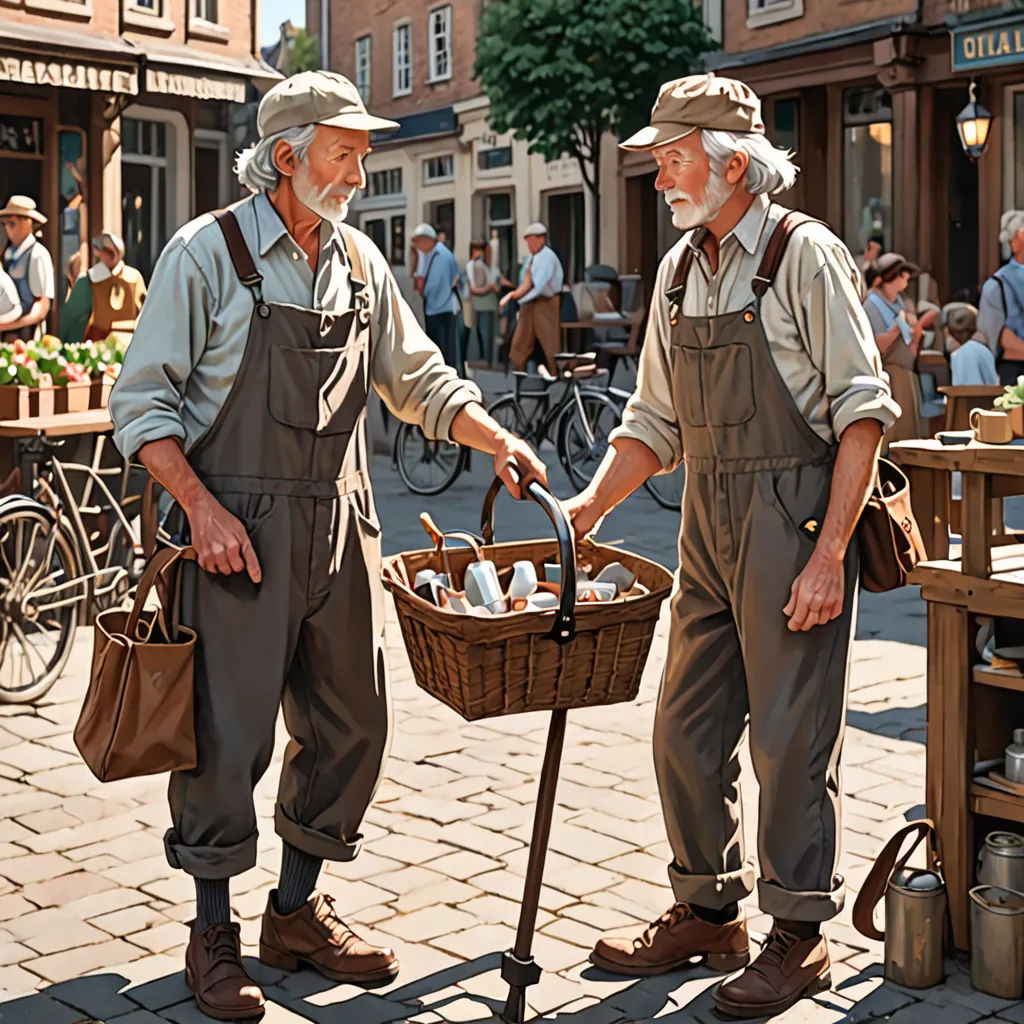 two older men are standing on a brick sidewalk with a basket of bottles in their hands and a bicycle in the other hand, american scene painting, a detailed matte painting, Brothers Hildebrandt, ultra realistic digital art