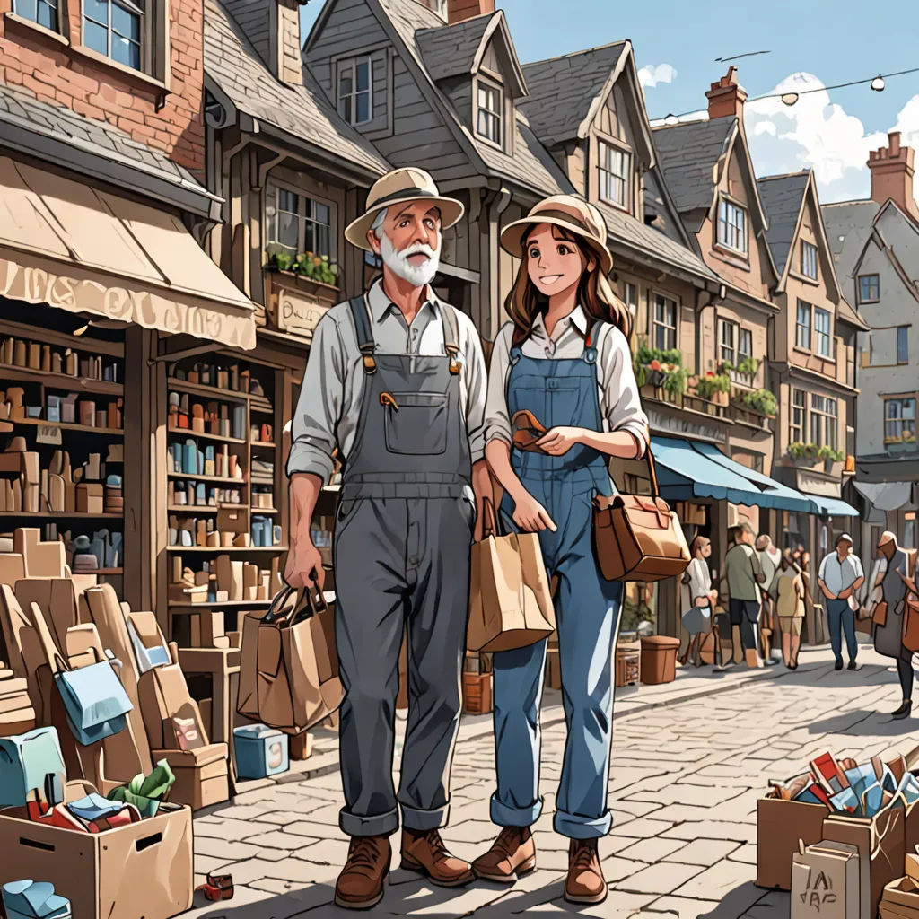 a man and woman are standing in front of a book store with boxes and boxes on the sidewalk and people walking around, american scene painting, a storybook illustration, Colin Middleton, official art