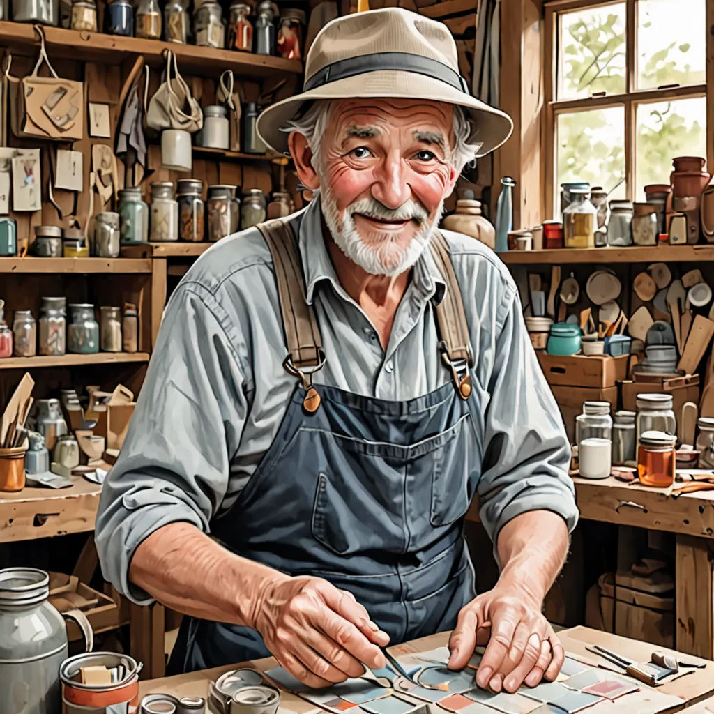 a man with a hat and overalls is working on a painting in a shop with jars and jars, arts and crafts movement, a photorealistic painting, Bob Byerley, highly detailed digital painting