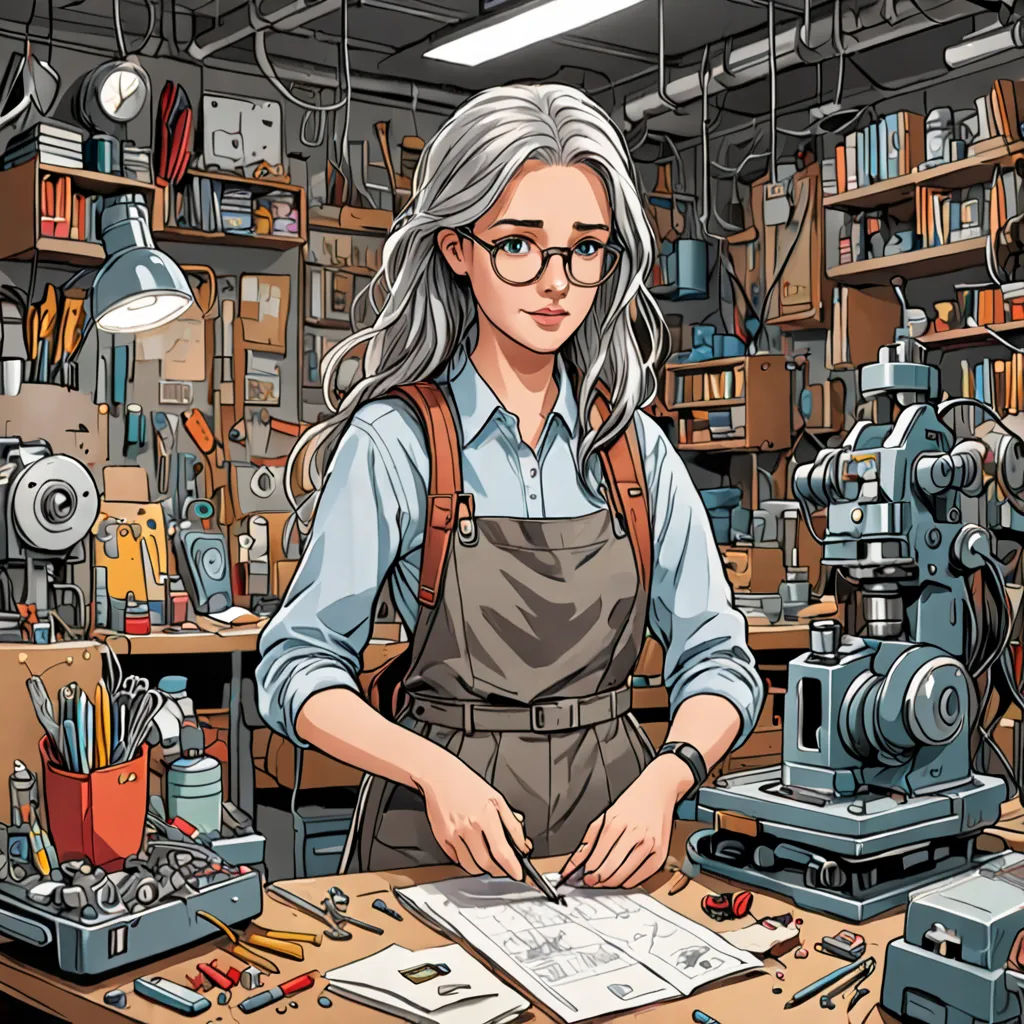 a woman in a shop working on a piece of paper with a camera and a camera behind her on a table, computer art, computer graphics, Artgerm, detailed illustration