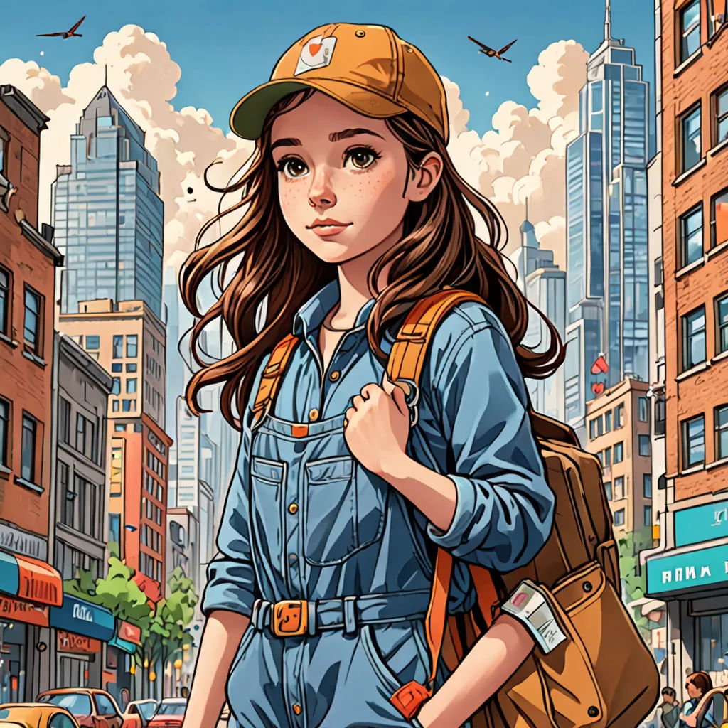 a girl in a hat and overalls is standing in the street with a backpack on her back and a city in the background, hyperrealism, a comic book panel, Artgerm, highly detailed digital painting