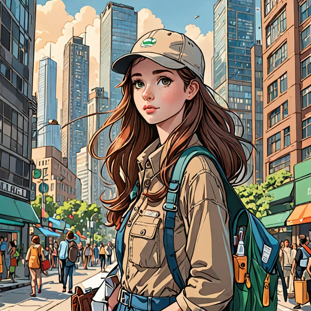 a woman with a backpack is standing on the street in a city with tall buildings and people walking around, photorealism, a detailed drawing, Artgerm, stanley artgerm lau