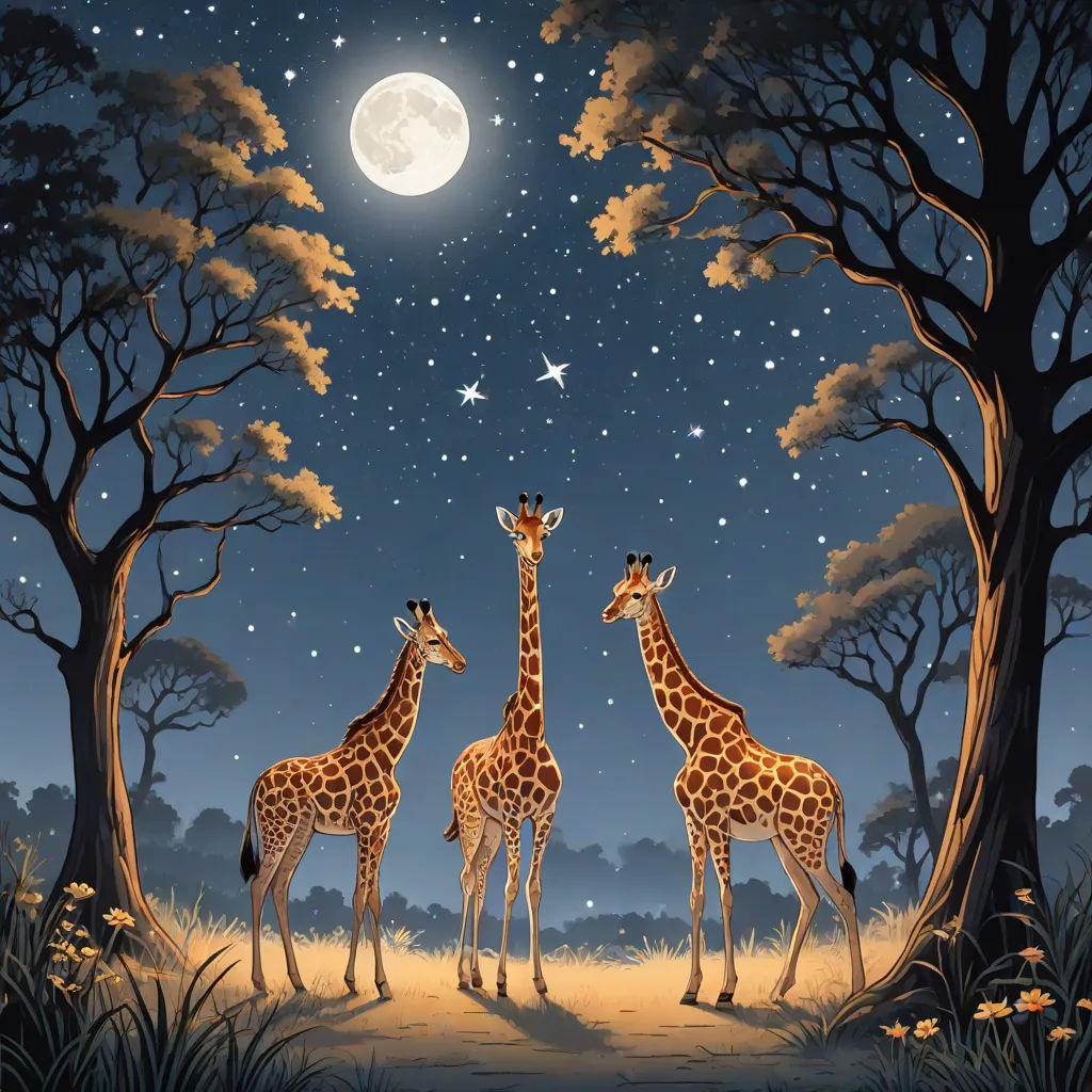 three giraffes standing in the middle of a forest under a full moon and stars sky with trees, pop surrealism, a storybook illustration, Chris LaBrooy, highly detailed digital painting