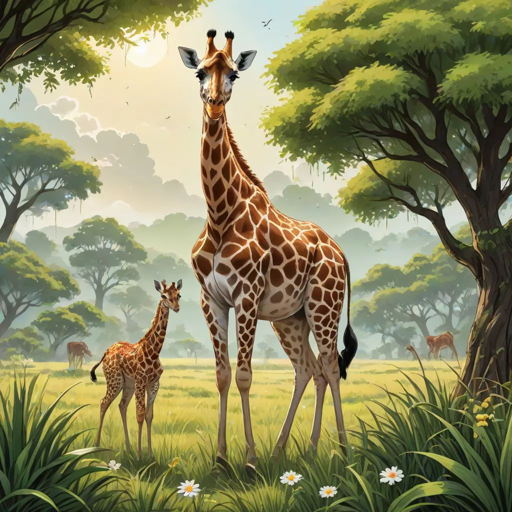 a giraffe and her baby standing in a field of grass and trees with a sun shining through the trees, naive art, a storybook illustration, Chris LaBrooy, highly detailed digital painting