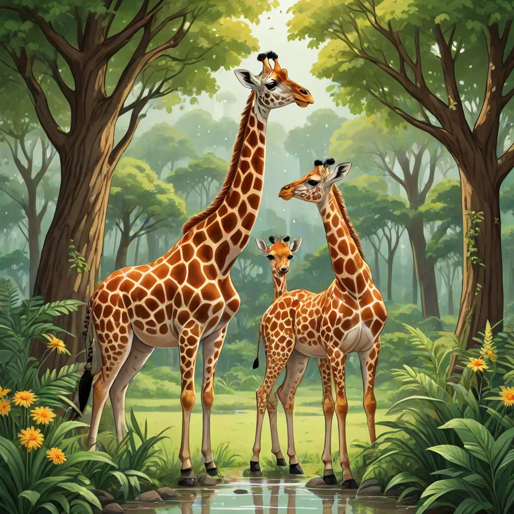 a painting of three giraffes in a forest with a pond of water and flowers around them, naive art, a storybook illustration, Chris LaBrooy, highly detailed digital painting