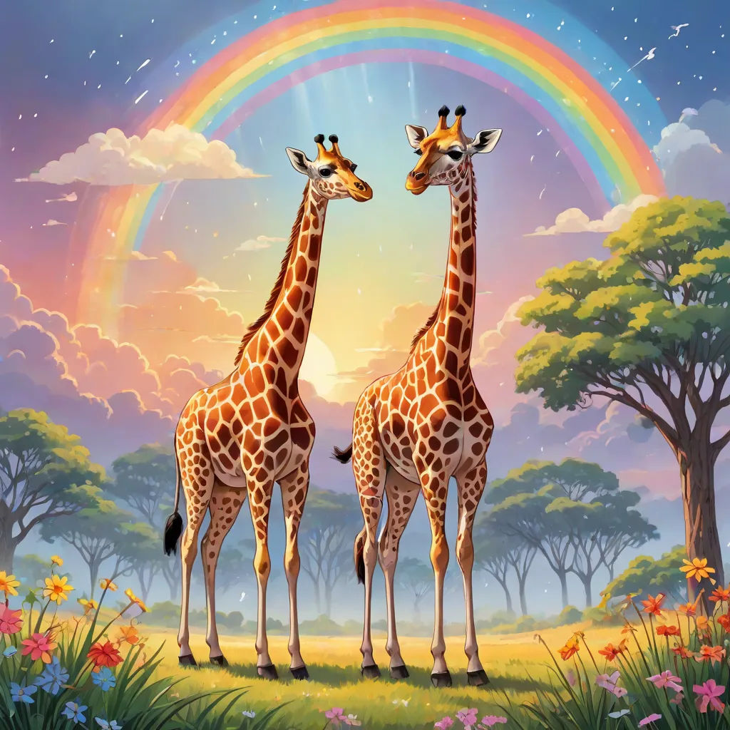 two giraffes standing in a field with a rainbow in the background and trees and flowers around them, pop surrealism, a storybook illustration, Chris LaBrooy, rossdraws global illumination