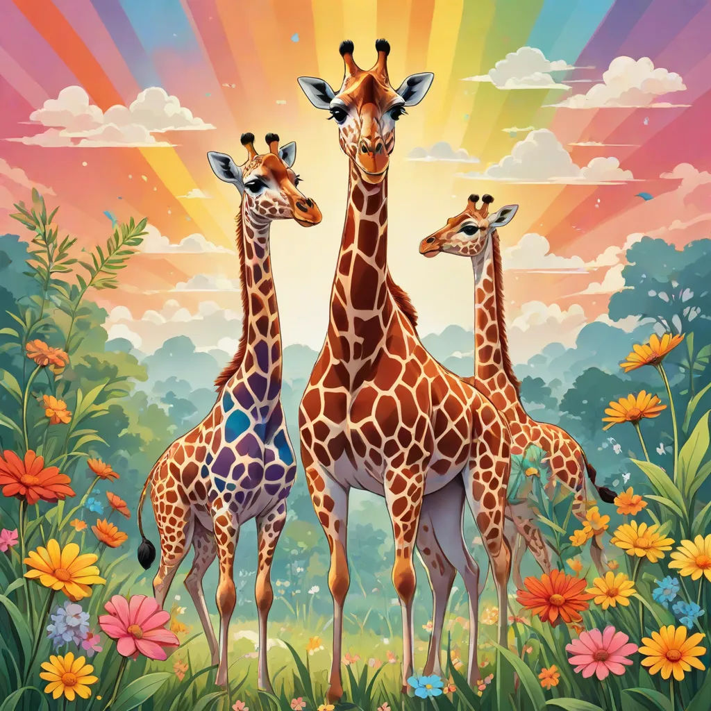 three giraffes standing in a field of flowers with a sunset in the background and a sky with clouds, maximalism, an album cover, Chris LaBrooy, rossdraws global illumination