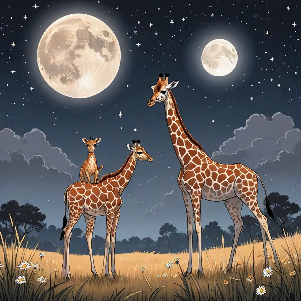 a couple of giraffe standing on top of a grass covered field under a full moon filled sky, pop surrealism, a storybook illustration, Chris LaBrooy, storybook illustration