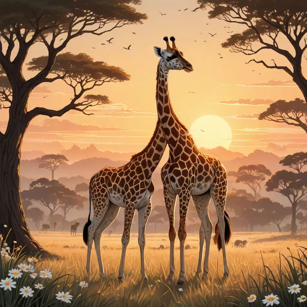 two giraffes standing in a field with trees and flowers in the background at sunset with a bird flying overhead, naive art, a storybook illustration, Chris LaBrooy, highly detailed digital painting