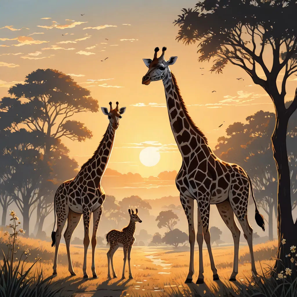 a painting of two giraffes and a baby giraffe in a field at sunset with trees, magic realism, a storybook illustration, Chris LaBrooy, highly detailed digital painting