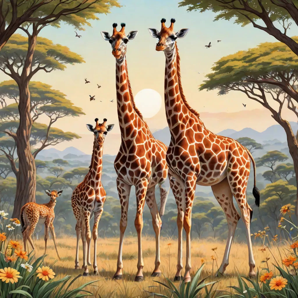 a painting of three giraffes and a baby giraffe in a field of flowers and trees, naive art, an oil painting, Chris LaBrooy, highly detailed digital painting
