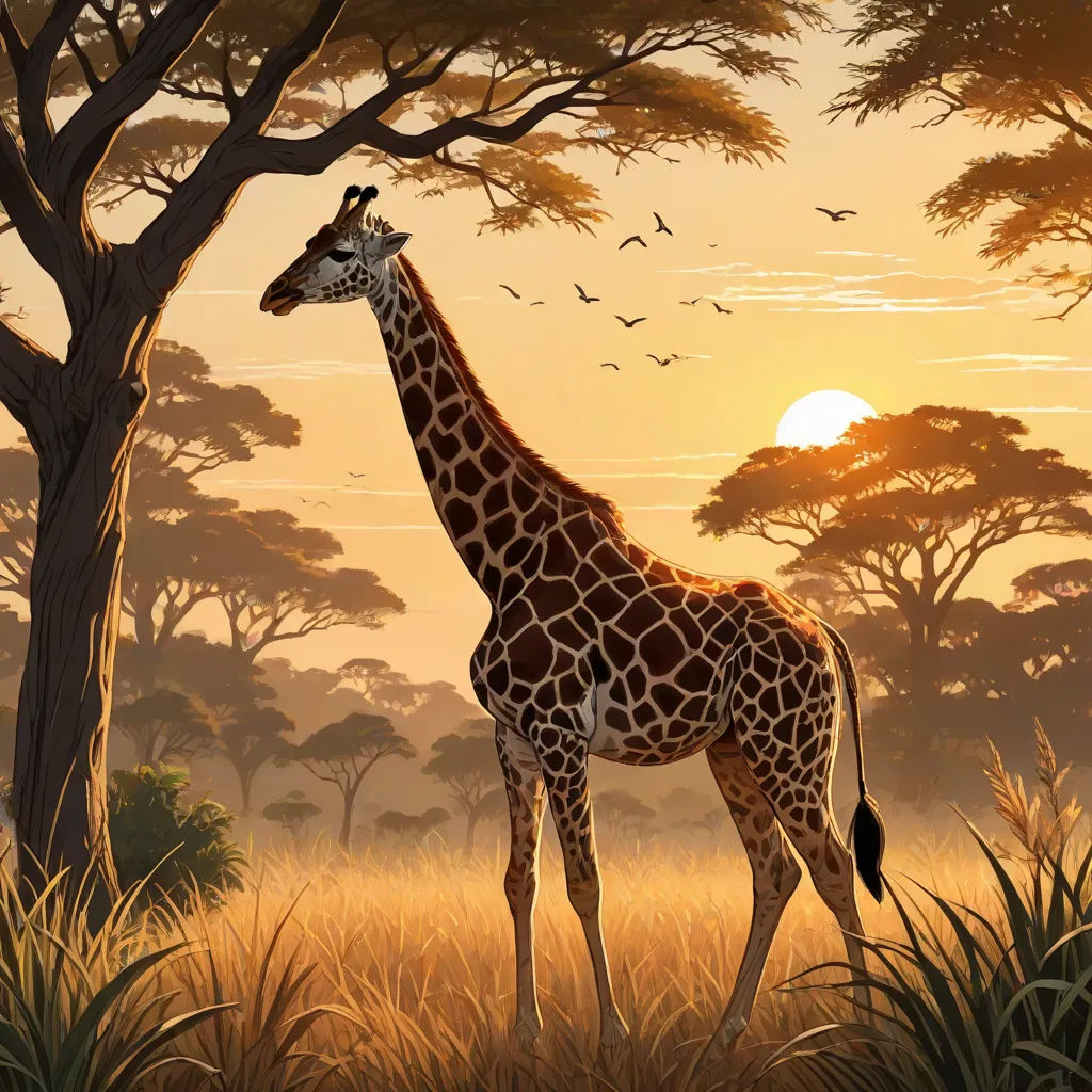 a giraffe standing in a field next to a tree and birds flying in the sky above it, american scene painting, a matte painting, Chris LaBrooy, highly detailed digital painting