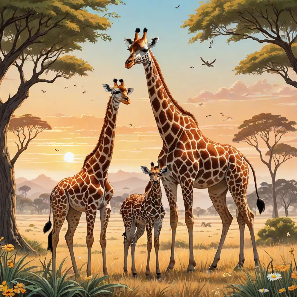 a painting of a family of giraffes in a field with trees and birds in the background, naive art, a storybook illustration, Chris LaBrooy, highly detailed digital painting