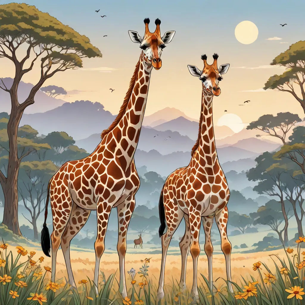 two giraffes standing in a field with trees and flowers in the background and a full moon in the sky, naive art, an airbrush painting, Chris LaBrooy, highly detailed digital painting