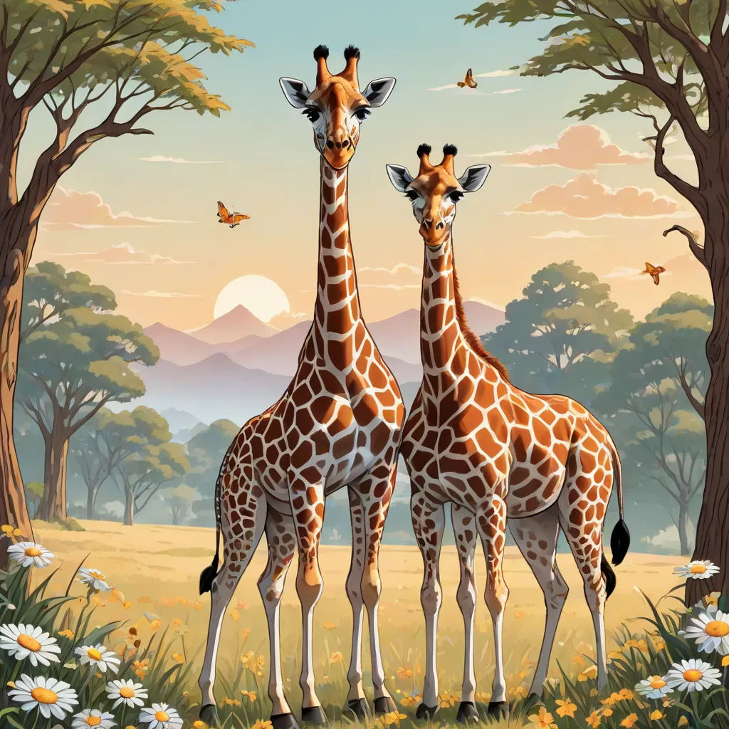 two giraffes standing in a field with trees and flowers in the background and a butterfly flying overhead, pop surrealism, a storybook illustration, Chris LaBrooy, highly detailed digital painting