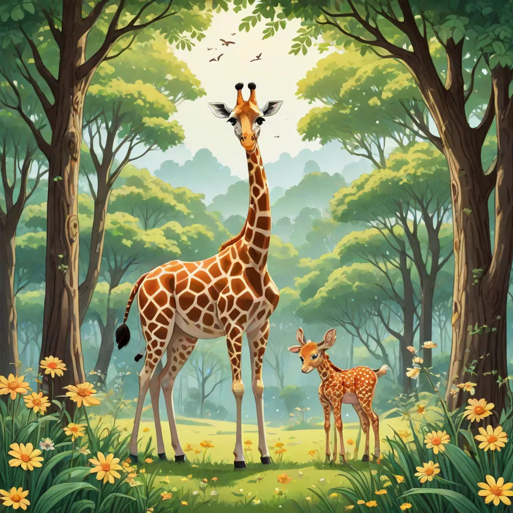a giraffe and a baby giraffe in a forest with flowers and trees in the background, naive art, a storybook illustration, Chris LaBrooy, highly detailed digital painting
