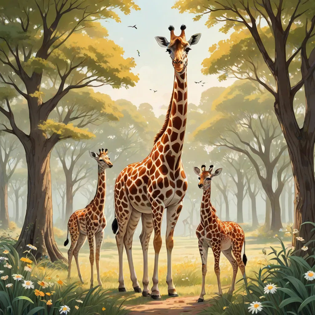 a painting of a giraffe with two baby giraffes in a forest with trees and flowers, fantastic realism, a storybook illustration, Chris LaBrooy, highly detailed digital painting