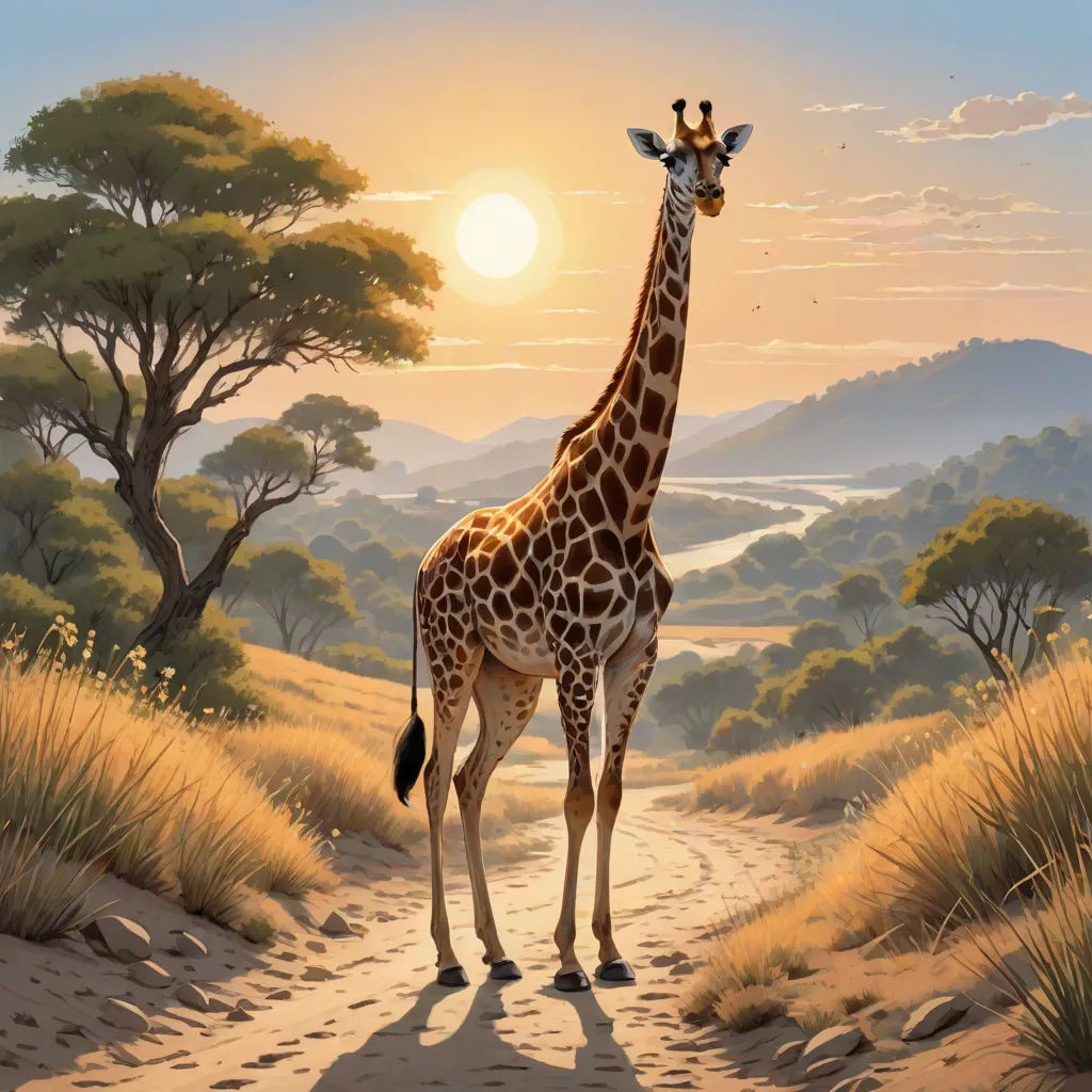 a giraffe standing on a dirt road in the middle of a field with trees and hills in the background, naive art, an airbrush painting, Chris LaBrooy, highly detailed digital painting