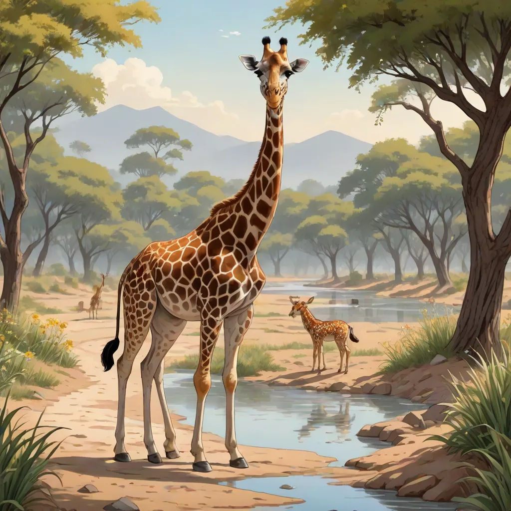 a giraffe and a baby giraffe are standing in the water near some trees and bushes, naive art, a detailed matte painting, Chris LaBrooy, highly detailed digital painting