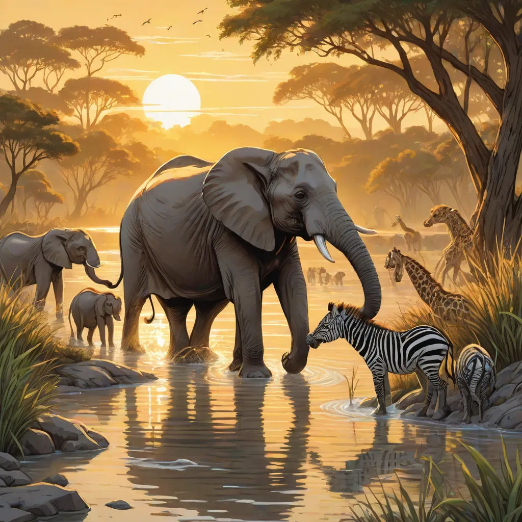 a painting of a herd of elephants and zebras in a river at sunset with a sunset in the background, naturalism, an airbrush painting, Chris LaBrooy, highly detailed oil painting