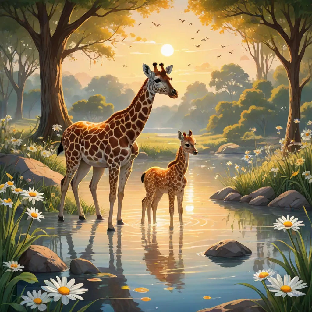 a painting of a giraffe and its baby in a river with daisies in the foreground, magic realism, a storybook illustration, Chris LaBrooy, highly detailed digital painting