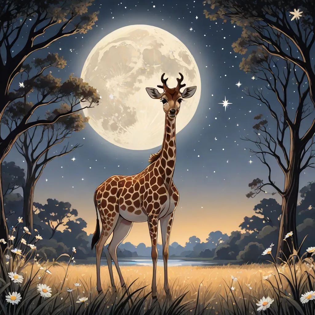 a giraffe standing in a field with a full moon in the background and trees and flowers around it, pop surrealism, a storybook illustration, Chris LaBrooy, highly detailed digital art