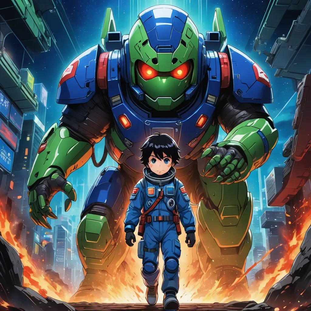 a boy in a space suit standing in front of a giant robot in a city with flames and smoke, space art, poster art, Eizan Kikukawa, anime key visual