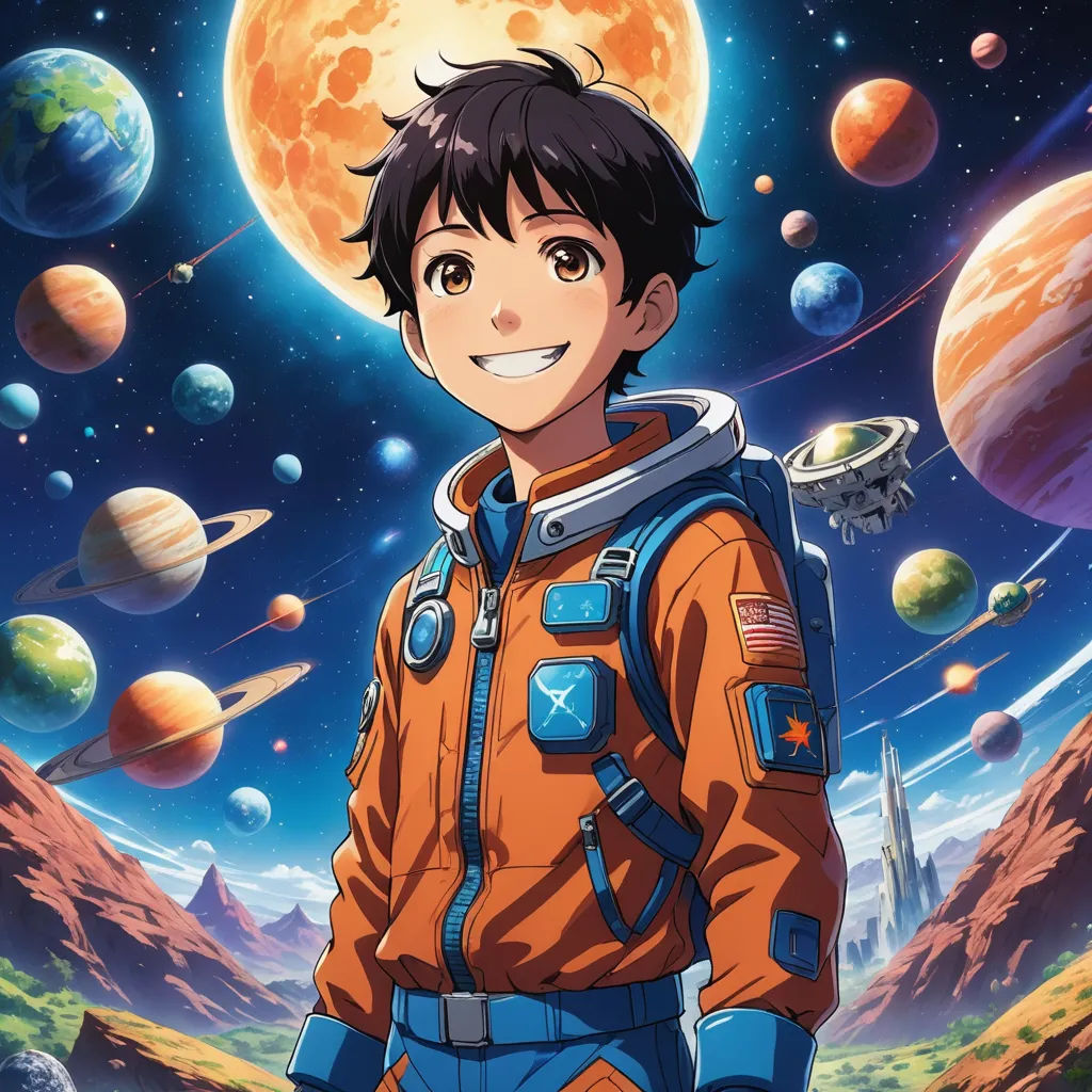 a young man in an orange space suit standing in front of planets and a full moon in the background, space art, poster art, Eizan Kikukawa, anime key visual